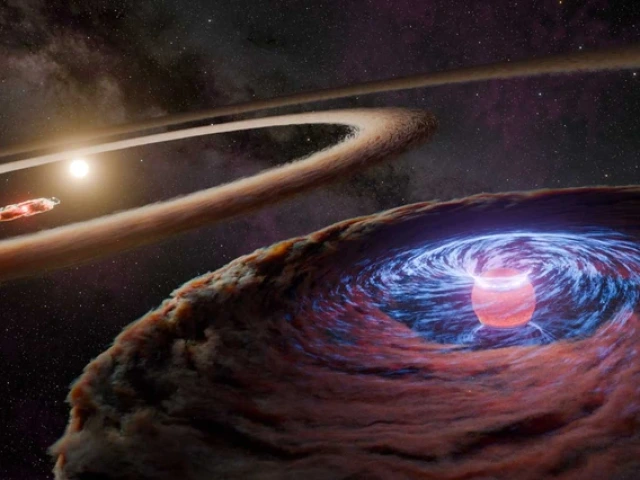 Artist's illustration of protoplanet WISPIT 2b, surrounded by a swirling cloud of gas and dust, with its host star in the distance. 